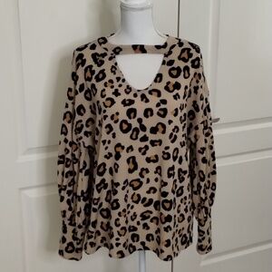 Blue Buttercup women's large leopard print puff sleeve cut out neck blouse